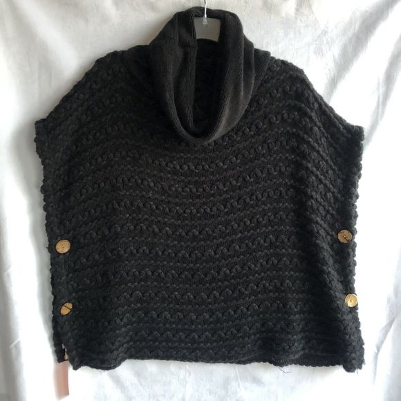 Love of Fashion LOF Black Sweater/Poncho, Cowl Neck Wooden Buttons, Loose Weave - Picture 1 of 8